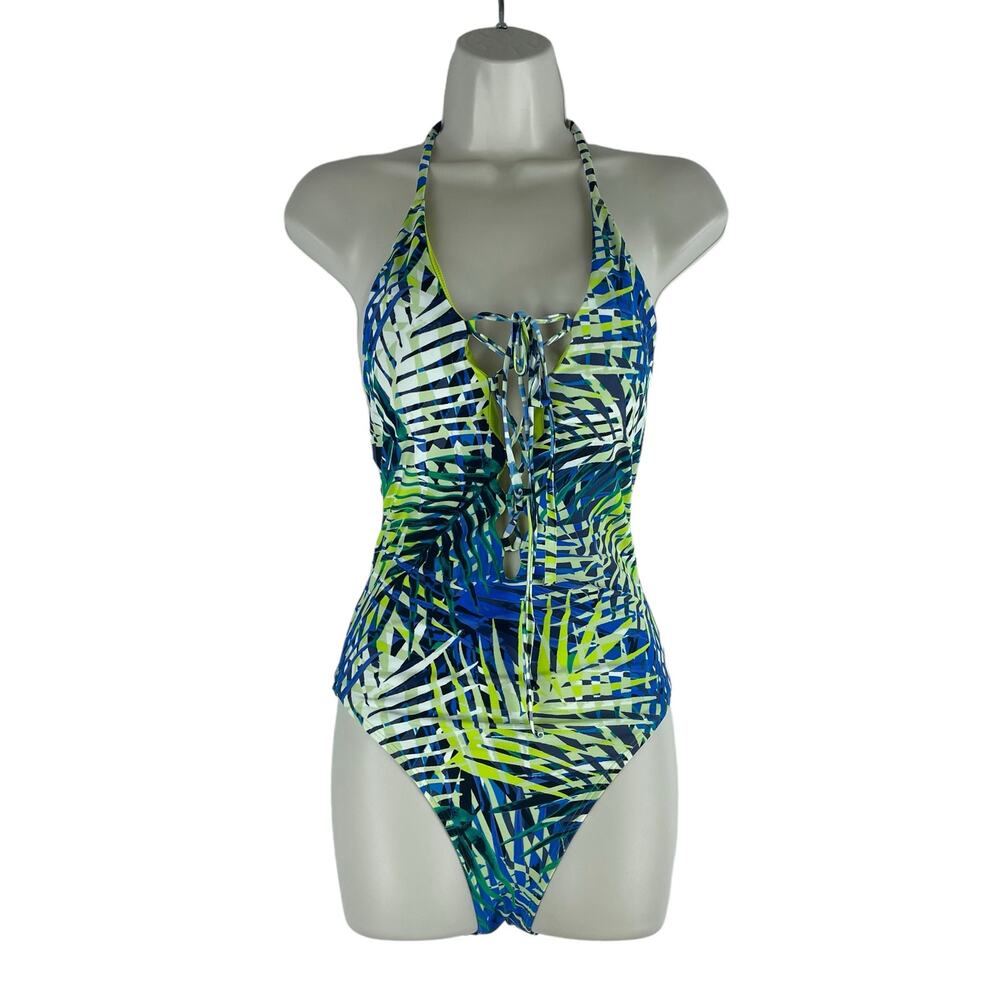 Aerie Tropical Leaf Print Plunge V Neck Lace Up One Piece Swimsuit Size S